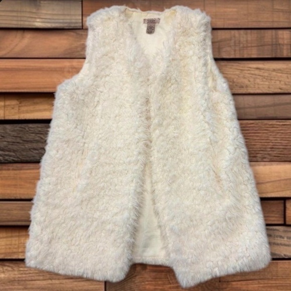 Boho Cozy Fresh Faux Fur Vest Ivory Layering Shaggy Open Front Sleeveless Large